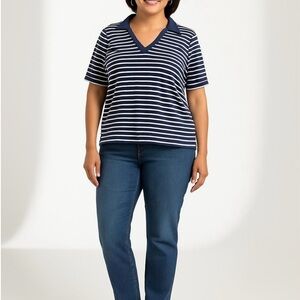 Ava & Viv Navy Blue Striped V-Neck Top